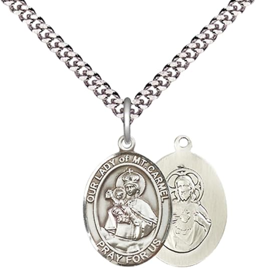 Medium Men's Pewter Our Lady of Mount Carmel Medal Pendant on 24 Inch Endless Rhodium Plated Heavy Curb Brass Chain, Catholic Religious Necklace - Made in USA- Deluxe Velvet Gift Box