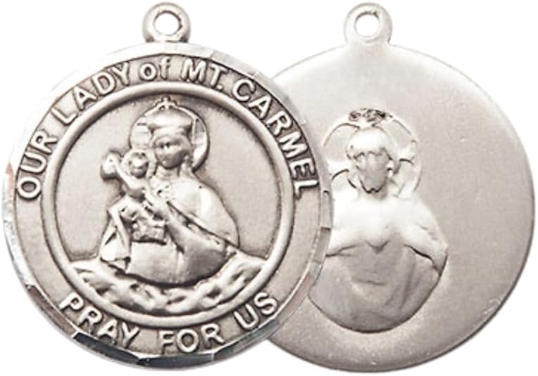 Medium Womens Round Pewter 3/4 x 5/8 O/L of Mount Carmel Medal Pendant with Rhodium Plated Lite Curb Brass Chain with Lobster Claw Clasp, Catholic Religious Necklace - Made in USA- Velvet Gift Box