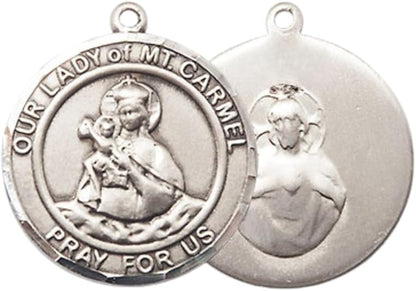 Medium Womens Round Pewter 3/4 x 5/8 O/L of Mount Carmel Medal Pendant with Rhodium Plated Lite Curb Brass Chain with Lobster Claw Clasp, Catholic Religious Necklace - Made in USA- Velvet Gift Box