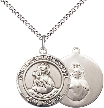 Medium Womens Round Pewter 3/4 x 5/8 O/L of Mount Carmel Medal Pendant with Rhodium Plated Lite Curb Brass Chain with Lobster Claw Clasp, Catholic Religious Necklace - Made in USA- Velvet Gift Box