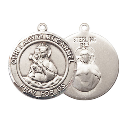 Medium Women's .925 Sterling Silver Our Lady of Mount Carmel Pendant Necklace – ¾” x ?” Medal on 18 Inch Rhodium- Plated Lite Curb Brass Chain with Lobster Claw Clasp, Catholic Medal - Patron Saint. of Chile – Velvet Gift Box