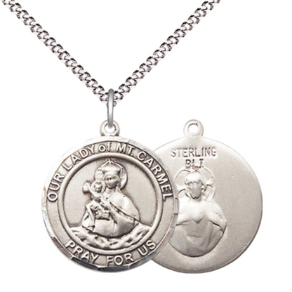 Medium Women's .925 Sterling Silver Our Lady of Mount Carmel Pendant Necklace – ¾” x ?” Medal on 18 Inch Rhodium- Plated Lite Curb Brass Chain with Lobster Claw Clasp, Catholic Medal - Patron Saint. of Chile – Velvet Gift Box