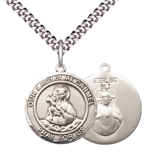 Medium Mens Round .925 Sterling Silver Our Lady of Mount Carmel Medal Pendant on 24 Inch Rhodium Plated Heavy Curb Brass Chain w/ Lobster Claw Clasp, Catholic Religious Necklace- Made in USA- Velvet Gift Box