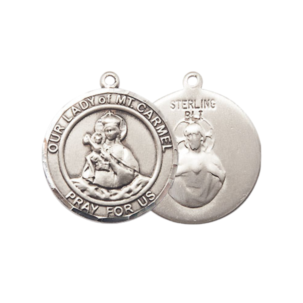Medium Men's .925 Sterling Silver Our Lady of Mount Carmel Medal Pendant on 24 Inch Endless Rhodium Plated Heavy Curb Brass Chain, Catholic Religious Necklace - Made in USA- Deluxe Velvet Gift Box