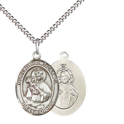 .925 Sterling Silver Our Lady of Mount Carmel Medal Pendant on 18 Inch Rhodium Plated Lite Curb Brass Chain w/ Lobster Claw Clasp, Catholic Religious Necklace - Made in USA- Prayer Card Included