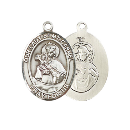 .925 Sterling Silver Our Lady of Mount Carmel Medal Pendant on 18 Inch Rhodium Plated Lite Curb Brass Chain w/ Lobster Claw Clasp, Catholic Religious Necklace - Made in USA- Prayer Card Included
