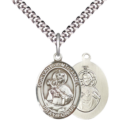 Everlasting Light Jewelry Pewter Our Lady of Mount Carmel Medal Pendant on 24 Inch Endless Rhodium Plated Heavy Curb Brass Chain, Catholic Religious Necklace - Made in USA- Prayer Card Included