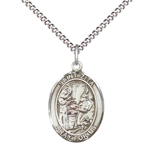 Everlasting Light Jewelry Medium Women's Pewter Saint St. Zita Pendant Necklace on 18- inch Rhodium- Plated Lite Curb Brass Chain – Catholic Religious Medal – Velvet Gift Box Included
