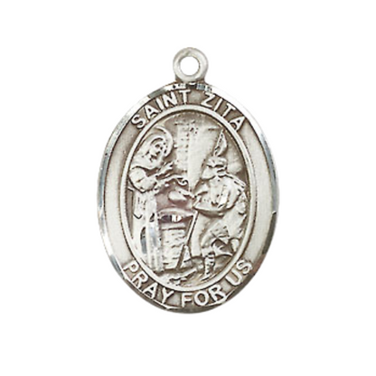 Mens Medium Oval .925 Sterling Silver Saint St. Zita Medal Pendant on 24 Inch Rhodium Plated Heavy Curb Brass Chain w/ Lobster Claw Clasp, Catholic Religious Necklace - Made in USA- Velvet Gift Box