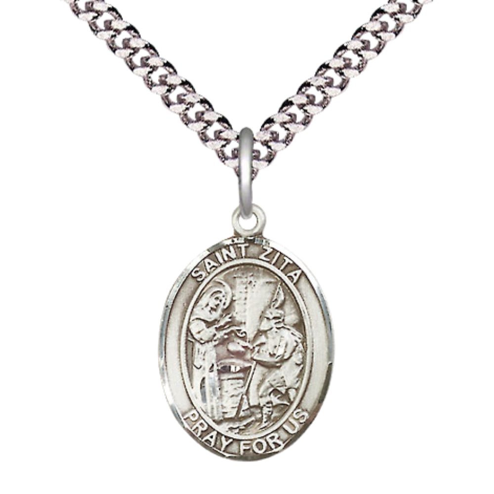 Everlasting Light Jewelry Medium Men's Pewter Saint St.Zita Medal Pendant on 24 Inch Endless Rhodium Plated Heavy Curb Brass Chain, Catholic Religious Necklace -Made in USA- Deluxe Velvet Gift Box