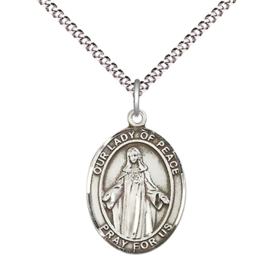 Everlasting Light Jewelry Medium Women's Pewter Our Lady of Peace Pendant Necklace on 18-inch Rhodium-Plated Lite Curb Brass Chain – Religious Medal – Velvet Gift Box Included