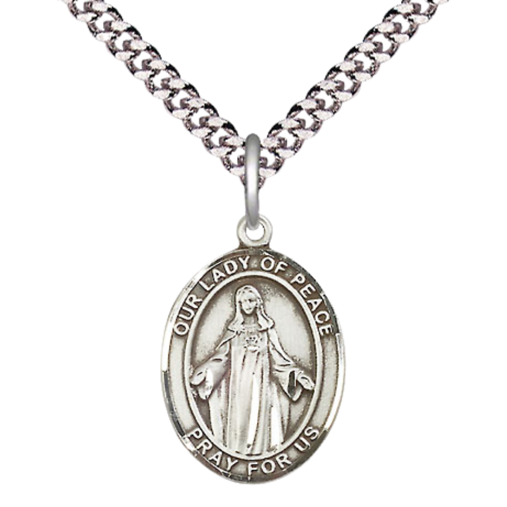 Medium Men's .925 Sterling Silver Our Lady of Peace Medal Pendant on 24 Inch Endless Rhodium Plated Heavy Curb Brass Chain, Catholic Religious Necklace - Made in USA- Deluxe Velvet Gift Box