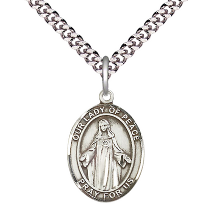 Medium Men's .925 Sterling Silver Our Lady of Peace Medal Pendant on 24 Inch Endless Rhodium Plated Heavy Curb Brass Chain, Catholic Religious Necklace - Made in USA- Deluxe Velvet Gift Box