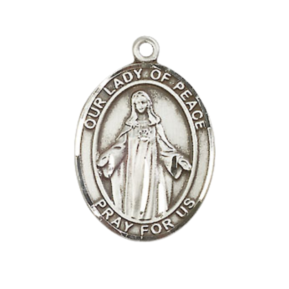 Medium Men's .925 Sterling Silver Our Lady of Peace Medal Pendant on 24 Inch Endless Rhodium Plated Heavy Curb Brass Chain, Catholic Religious Necklace - Made in USA- Deluxe Velvet Gift Box