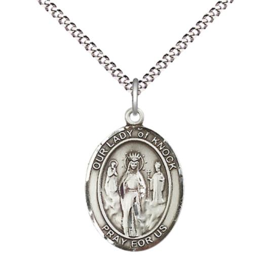 Everlasting Light Jewelry Medium Women's Pewter Our Lady of Knock Pendant Necklace on 18- inch Rhodium- Plated Lite Curb Brass Chain – Catholic Religious Medal – Velvet Gift Box Included