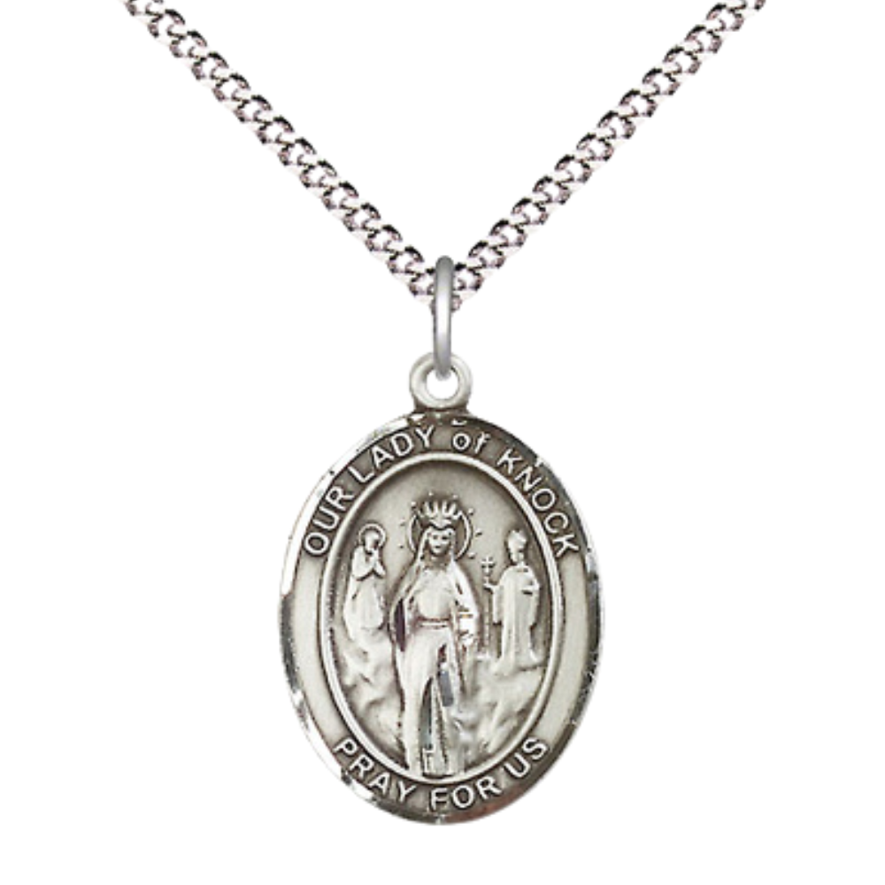 Everlasting Light Jewelry Medium Women's .925 Sterling Silver Our Lady of Knock Pendant Necklace on 18- inch Rhodium Plated Lite Curb Brass Chain – Patron Saint St. of Ireland, Catholic Medal – Velvet Gift Box Included