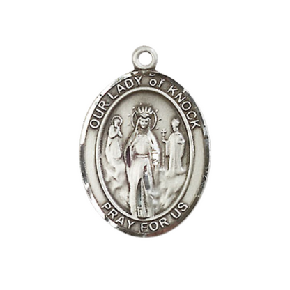 Medium Men's .925 Sterling Silver Our Lady of Knock Medal Pendant on 24 Inch Endless Rhodium Plated Heavy Curb Brass Chain, Catholic Religious Necklace - Made in USA- Deluxe Velvet Gift Box
