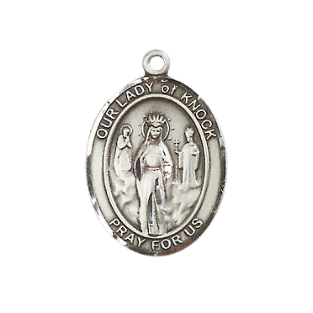Everlasting Light Jewelry Medium Men's Pewter Our Lady of Knock Medal Pendant on 24 Inch Endless Rhodium Plated Heavy Curb Brass Chain, Catholic Religious Necklace - Made in USA- Deluxe Velvet Gift Box