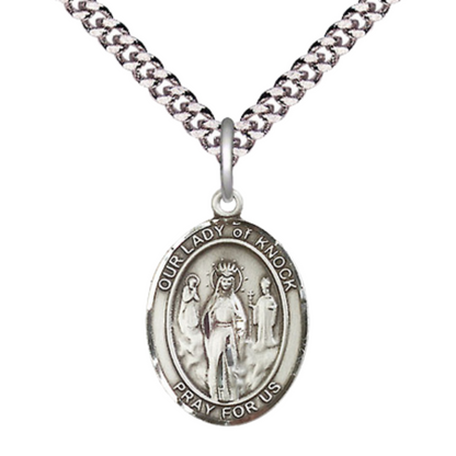 Medium Men's .925 Sterling Silver Our Lady of Knock Medal Pendant on 24 Inch Endless Rhodium Plated Heavy Curb Brass Chain, Catholic Religious Necklace - Made in USA- Deluxe Velvet Gift Box