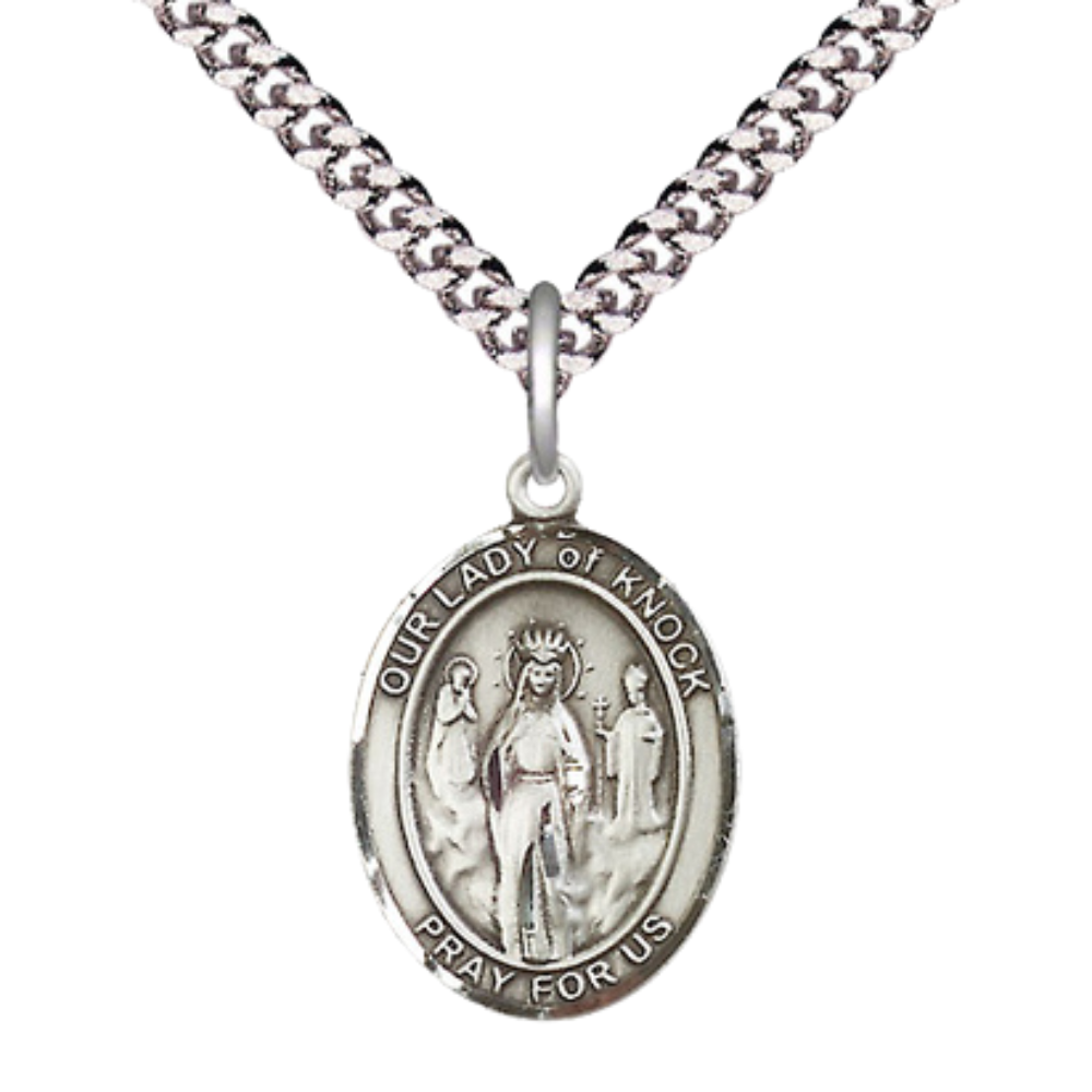 Everlasting Light Jewelry Medium Men's Pewter Our Lady of Knock Medal Pendant on 24 Inch Endless Rhodium Plated Heavy Curb Brass Chain, Catholic Religious Necklace - Made in USA- Deluxe Velvet Gift Box