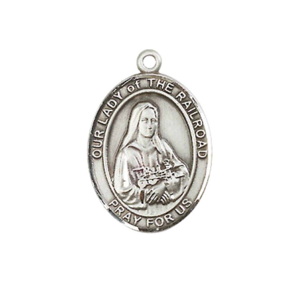 Everlasting Light Jewelry Medium Women's .925 Sterling Silver Our Lady of the Railroad Pendant Necklace on 18- inch Rhodium Plated Lite Curb Brass Chain – Faith and Protection, Catholic Medal – Velvet Gift Box Included