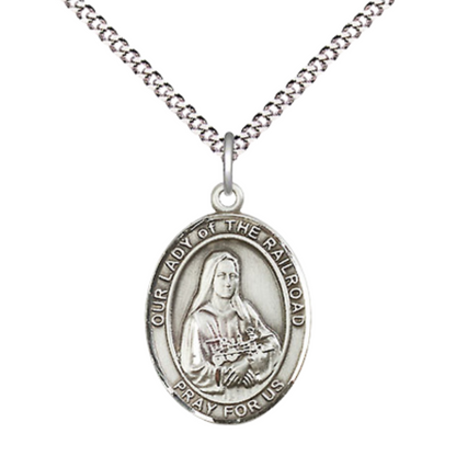 Everlasting Light Jewelry Medium Women's .925 Sterling Silver Our Lady of the Railroad Pendant Necklace on 18- inch Rhodium Plated Lite Curb Brass Chain – Faith and Protection, Catholic Medal – Velvet Gift Box Included