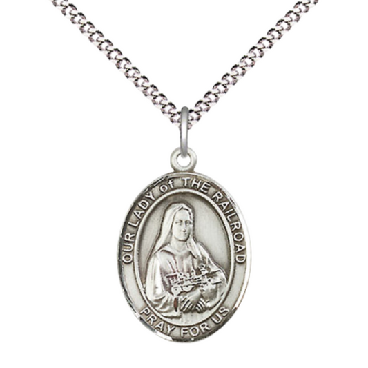 Everlasting Light Jewelry Medium Women's Pewter Our Lady of the Railroad Pendant Necklace on 18- inch Rhodium- Plated Lite Curb Brass Chain – Catholic Religious Medal – Velvet Gift Box Included