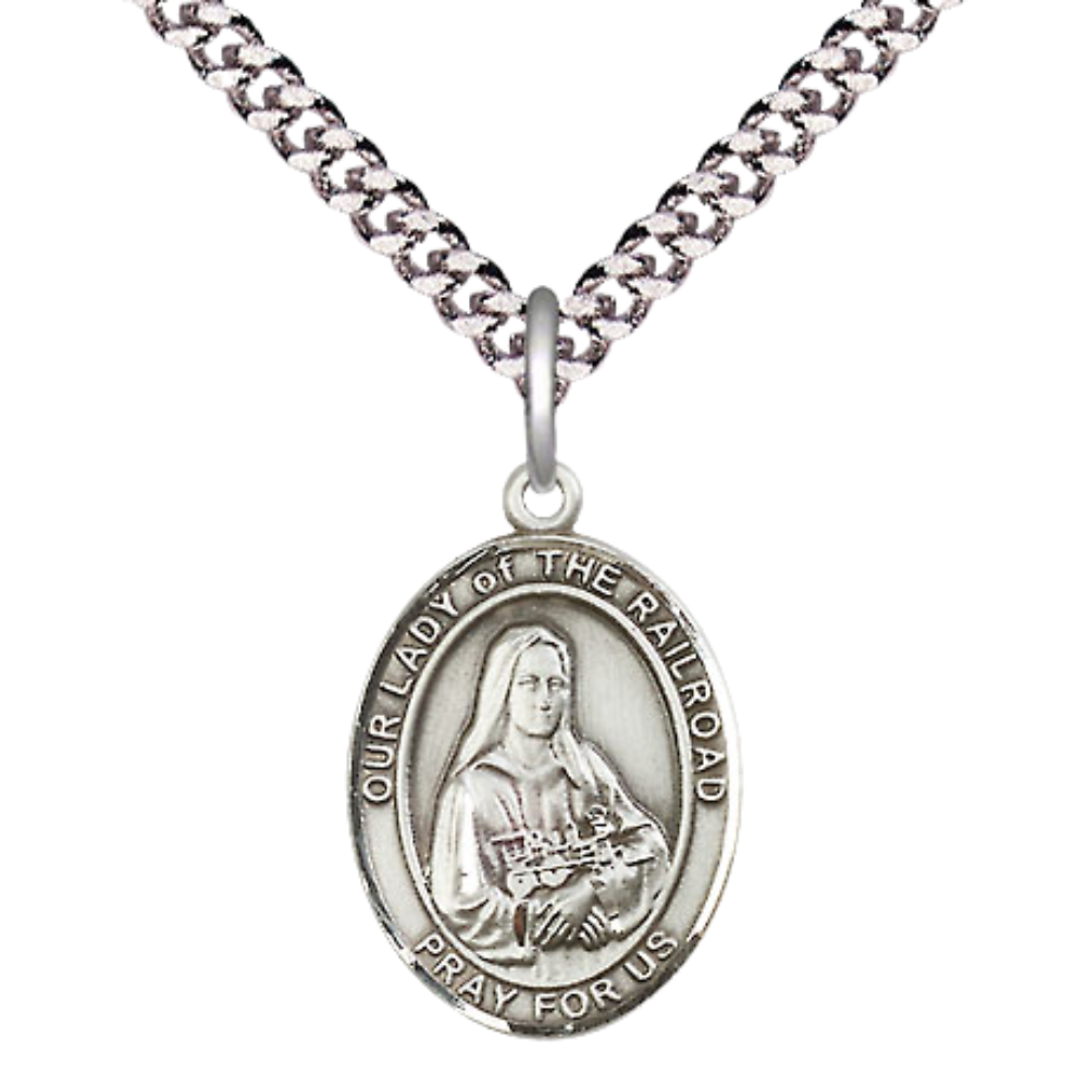 Medium Men's .925 Sterling Silver Our Lady of the Railroad Medal Pendant on 24 Inch Endless Rhodium Plated Heavy Curb Brass Chain, Catholic Religious Necklace - Made in USA- Deluxe Velvet Gift Box