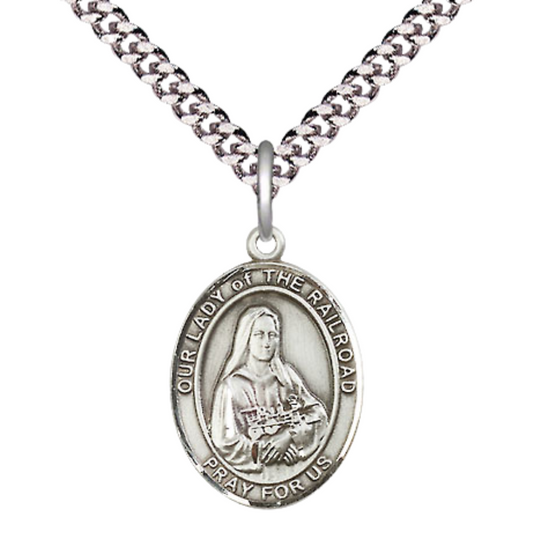 Medium Men's .925 Sterling Silver Our Lady of the Railroad Medal Pendant on 24 Inch Endless Rhodium Plated Heavy Curb Brass Chain, Catholic Religious Necklace - Made in USA- Deluxe Velvet Gift Box