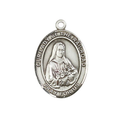 Medium Men's .925 Sterling Silver Our Lady of the Railroad Medal Pendant on 24 Inch Endless Rhodium Plated Heavy Curb Brass Chain, Catholic Religious Necklace - Made in USA- Deluxe Velvet Gift Box