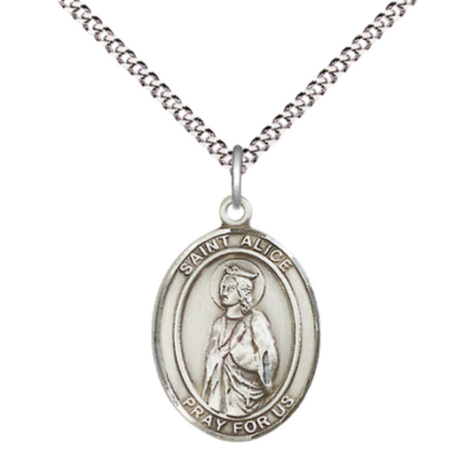 Everlasting Light Jewelry Medium Women's .925 Sterling Silver Saint St. Alice Pendant Necklace on 18- inch Rhodium Plated Lite Curb Brass Chain – Patron Saint St. of the Blind & Paralyzed, Catholic Medal – Velvet Gift Box Included