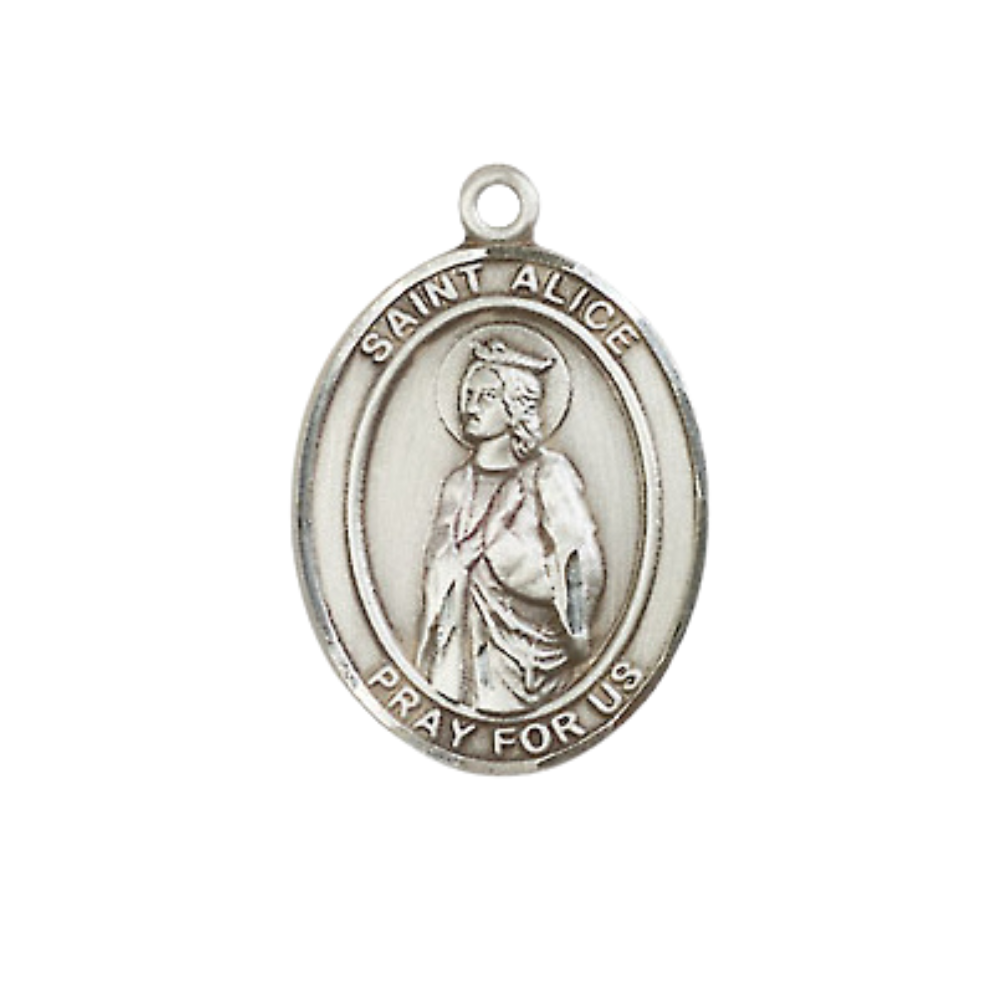 Everlasting Light Jewelry Medium Men's Pewter Saint St. Alice Medal Pendant on 24 Inch Endless Rhodium Plated Heavy Curb Brass Chain, Catholic Religious Necklace - Made in USA- Deluxe Velvet Gift Box
