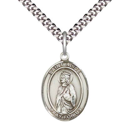 Everlasting Light Jewelry Medium Men's Pewter Saint St. Alice Medal Pendant on 24 Inch Endless Rhodium Plated Heavy Curb Brass Chain, Catholic Religious Necklace - Made in USA- Deluxe Velvet Gift Box