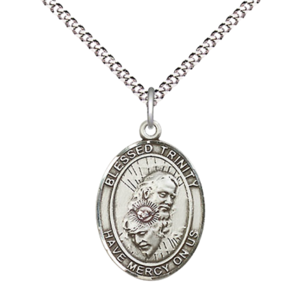 Everlasting Light Jewelry Medium Women's .925 Sterling Silver Blessed Trinity Pendant Necklace on 18- inch Rhodium Plated Lite Curb Brass Chain – Catholic Religious Blessed Trinity Medal – Velvet Gift Box Included