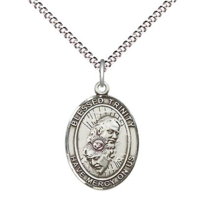 Everlasting Light Jewelry Medium Women's Pewter Blessed Trinity Pendant Necklace on 18- inch Rhodium- Plated Lite Curb Brass Chain – Catholic Religious Medal – Velvet Gift Box Included
