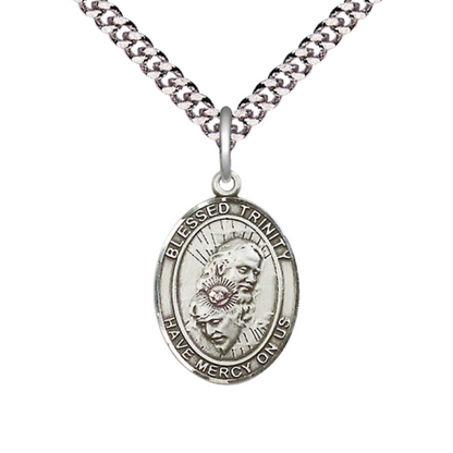 Mens Medium Oval Pewter Blessed Trinity Medal Pendant on 24 Inch Rhodium Plated Heavy Curb Brass Chain with Lobster Claw Clasp, Catholic Religious Necklace - Made in USA- Deluxe Velvet Gift Box