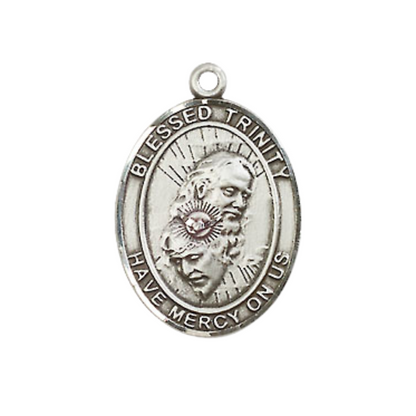 Everlasting Light Jewelry Medium Men's .925 Sterling Silver Blessed Trinity Medal Pendant on 24 Inch Endless Rhodium Plated Heavy Curb Chain, Catholic Religious Necklace - Made in USA- Velvet Gift Box