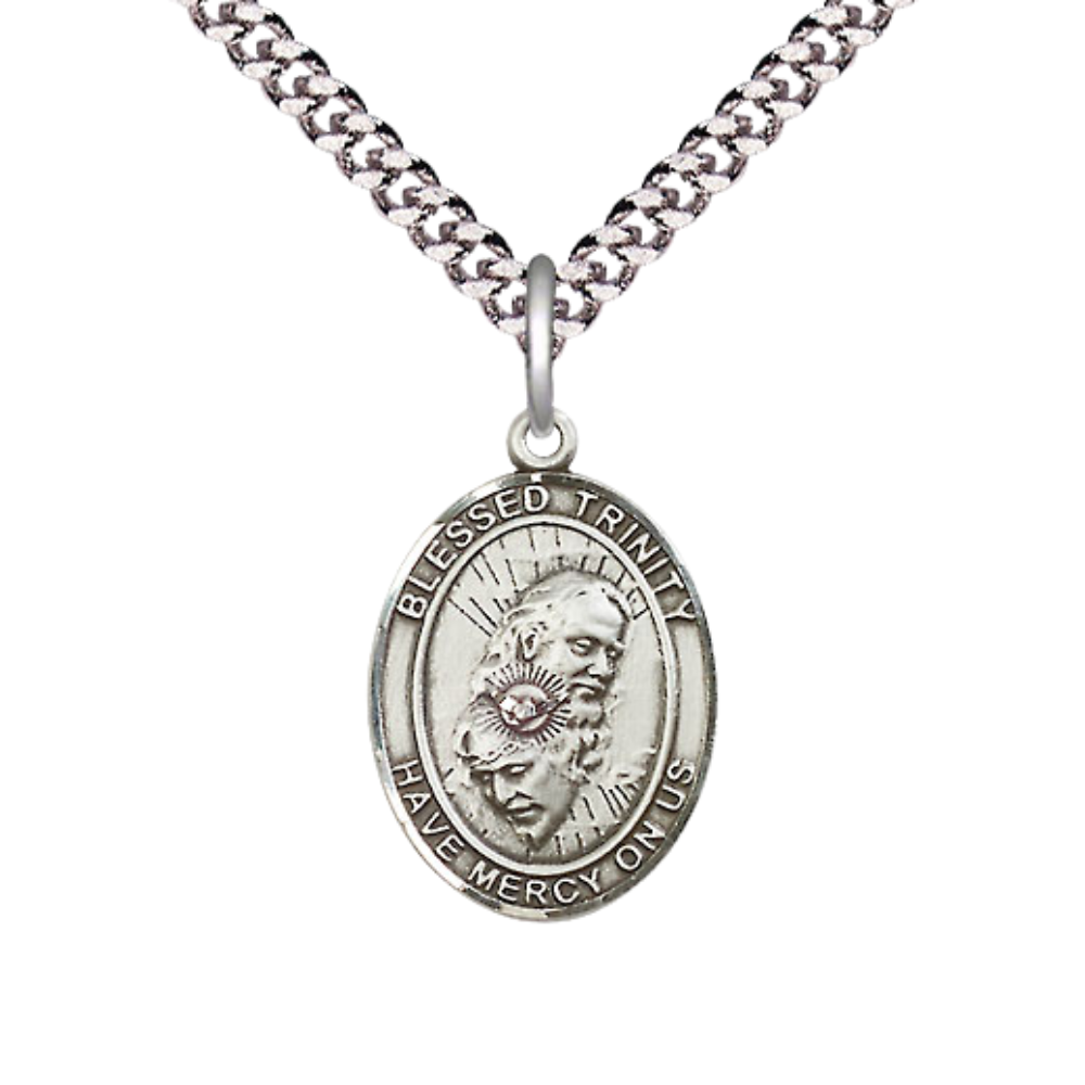 Everlasting Light Jewelry Medium Men's .925 Sterling Silver Blessed Trinity Medal Pendant on 24 Inch Endless Rhodium Plated Heavy Curb Chain, Catholic Religious Necklace - Made in USA- Velvet Gift Box