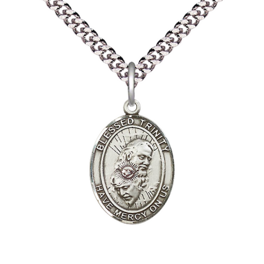 Everlasting Light Jewelry Medium Men's Pewter Blessed Trinity Medal Pendant on 24 Inch Endless Rhodium Plated Heavy Curb Brass Chain,Catholic Religious Necklace -Made in USA- Deluxe Velvet Gift Box