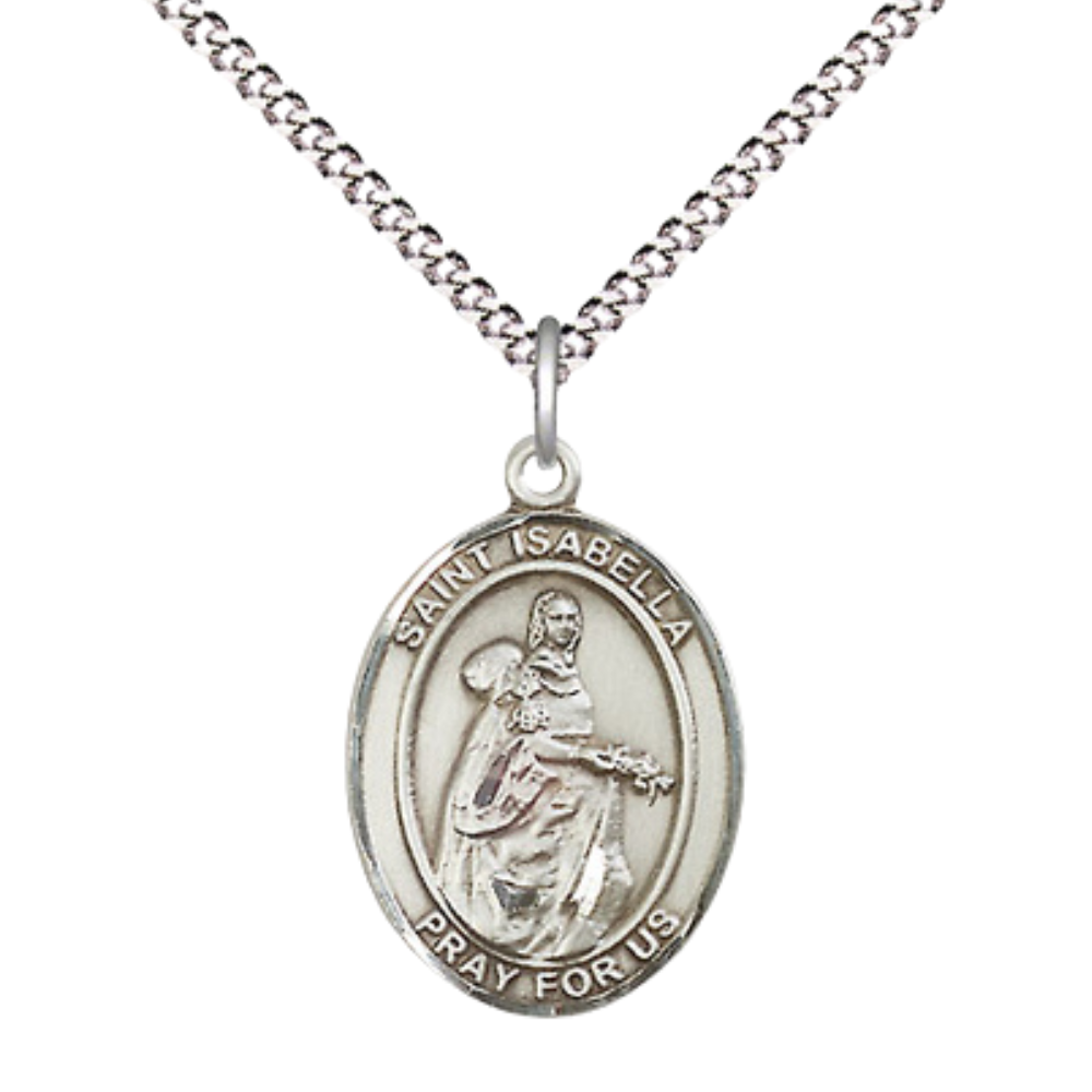 Medium Women's Sterling Silver Saint Isabella of Portugal Pendant Necklace on 18-inch Rhodium Plated Lite Curb Brass Chain – Religious Saint Isabella Medal – Velvet Gift Box Included