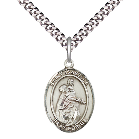 Medium Men's .925 Sterling Silver Saint St. Isabella of Portugal Medal Pendant on 24 Inch Endless Rhodium Plated Heavy Curb Brass Chain, Catholic Religious Necklace - Made in USA- Deluxe Velvet Gift Box