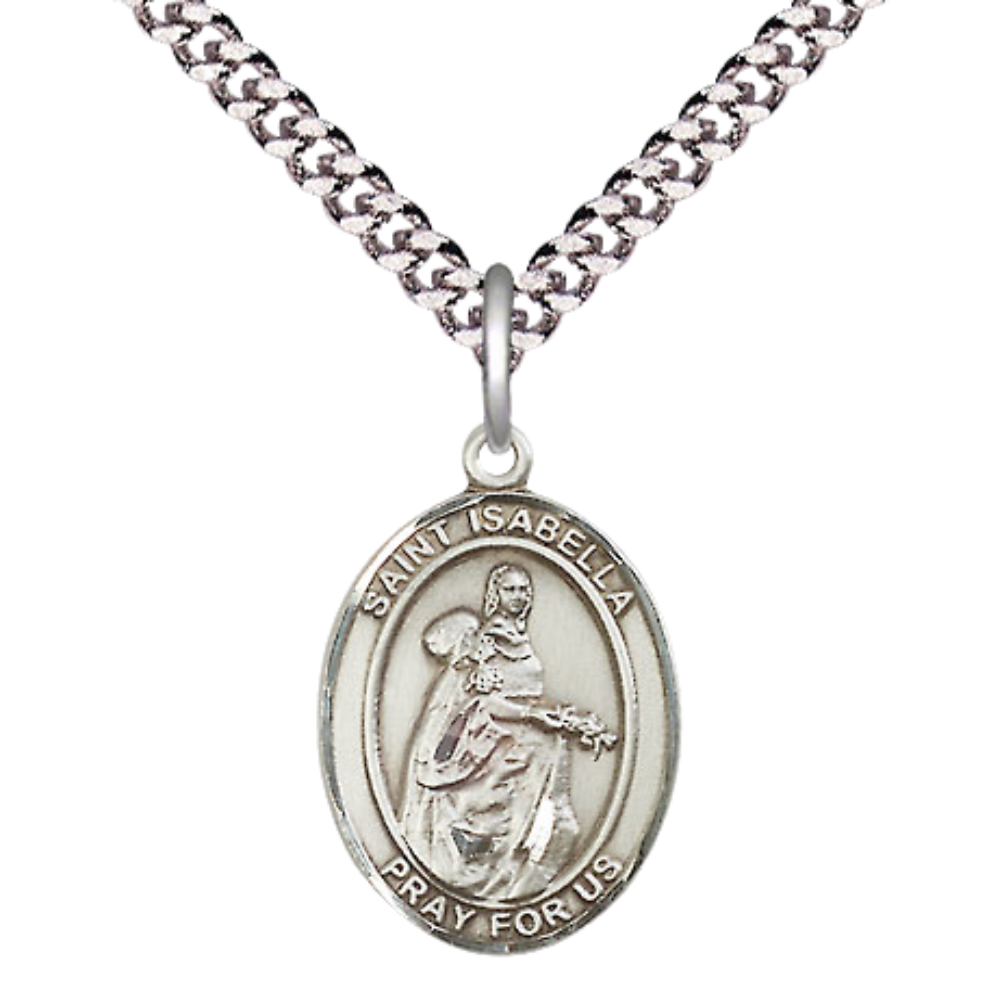 Medium Men's Pewter Saint St. Isabella of Portugal Medal Pendant on 24 Inch Endless Rhodium Plated Heavy Curb Brass Chain, Catholic Religious Necklace - Made in USA- Deluxe Velvet Gift Box