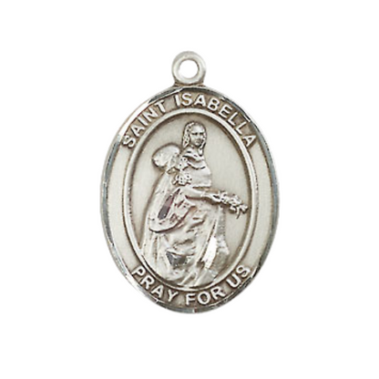 Mens Medium Oval Pewter Saint St. Isabella of Portugal Medal Pendant on 24 Inch Rhodium Plated Heavy Curb Brass Chain w/ Lobster Claw Clasp, Catholic Religious Necklace - Made in USA- Velvet Gift Box