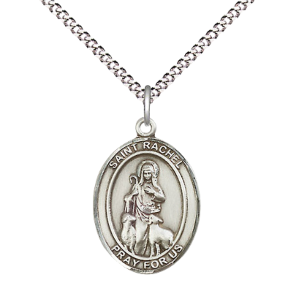 Everlasting Light Jewelry Medium Women's Pewter Saint Rachel Pendant Necklace on 18-inch Rhodium-Plated Lite Curb Brass Chain – Religious Medal – Velvet Gift Box Included