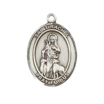 Mens Medium Oval .925 Sterling Silver Saint Rachel Medal Pendant on 24" Rhodium Plated Heavy Curb Brass Chain w/ Lobster Claw Clasp, Catholic Religious Necklace -Made in USA-Velvet Gift Box