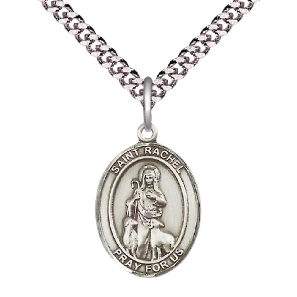 Mens Medium Oval Pewter Saint Rachel Medal Pendant on 24 Inch Rhodium Plated Heavy Curb Brass Chain with Lobster Claw Clasp, Catholic Religious Necklace -Made in USA- Deluxe Velvet Gift Box