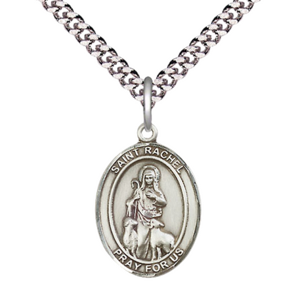 Mens Medium Oval Pewter Saint Rachel Medal Pendant on 24 Inch Rhodium Plated Heavy Curb Brass Chain with Lobster Claw Clasp, Catholic Religious Necklace -Made in USA- Deluxe Velvet Gift Box