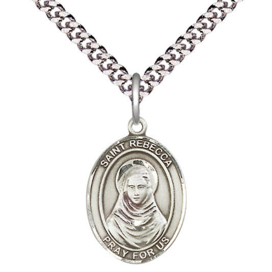 Mens Medium Oval .925 Sterling Silver Saint St. Rebecca Medal Pendant on 24 Inch Rhodium Plated Heavy Curb Brass Chain w/ Lobster Claw Clasp, Catholic Religious Necklace - Made in USA- Velvet Gift Box