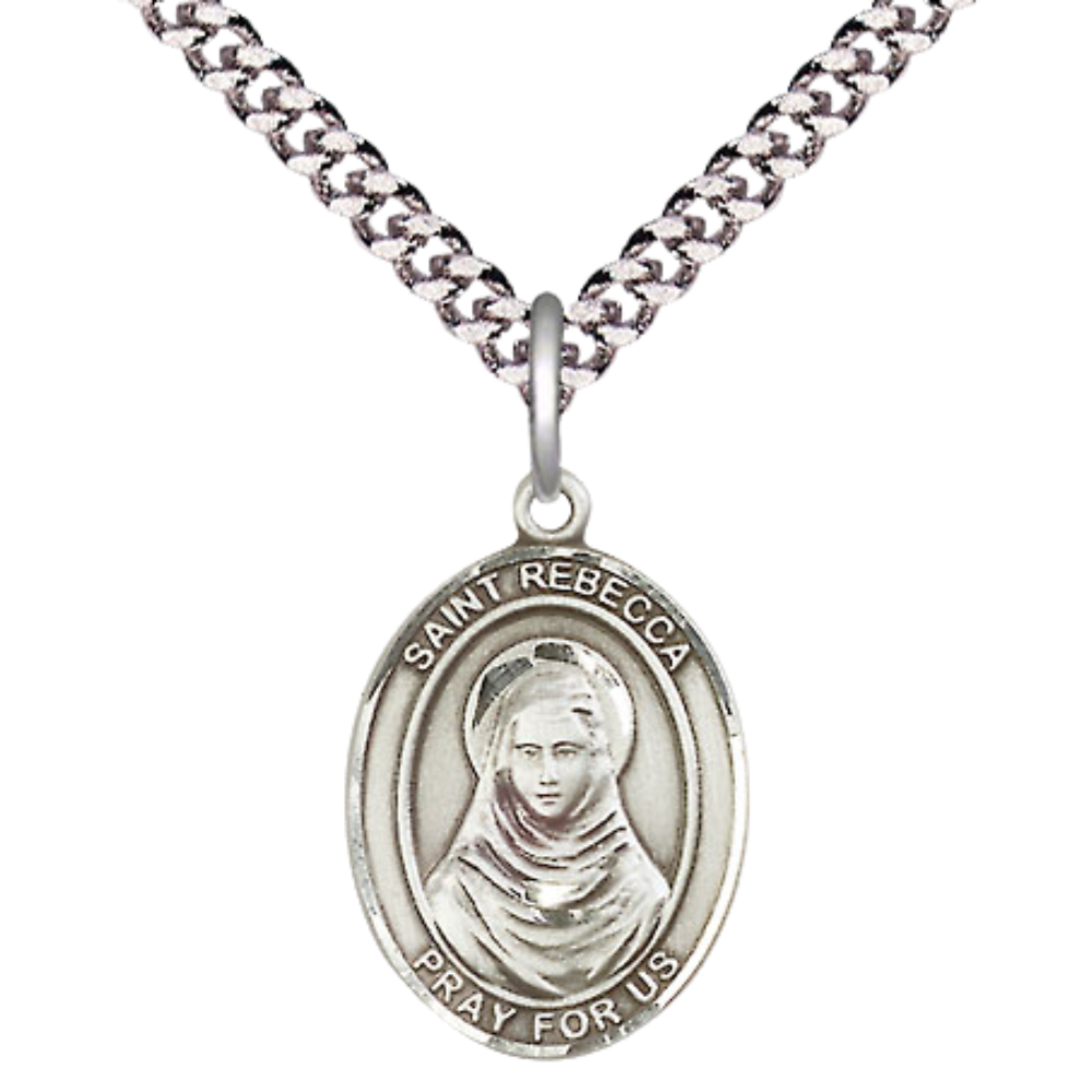 Everlasting Light Jewelry Medium Men's Pewter Patron Saint St. Rebecca Medal Pendant with 24 Inch Rhodium Plated Heavy Curb Chain Catholic Religious Necklace - Made in USA, Deluxe Velvet Gift Box