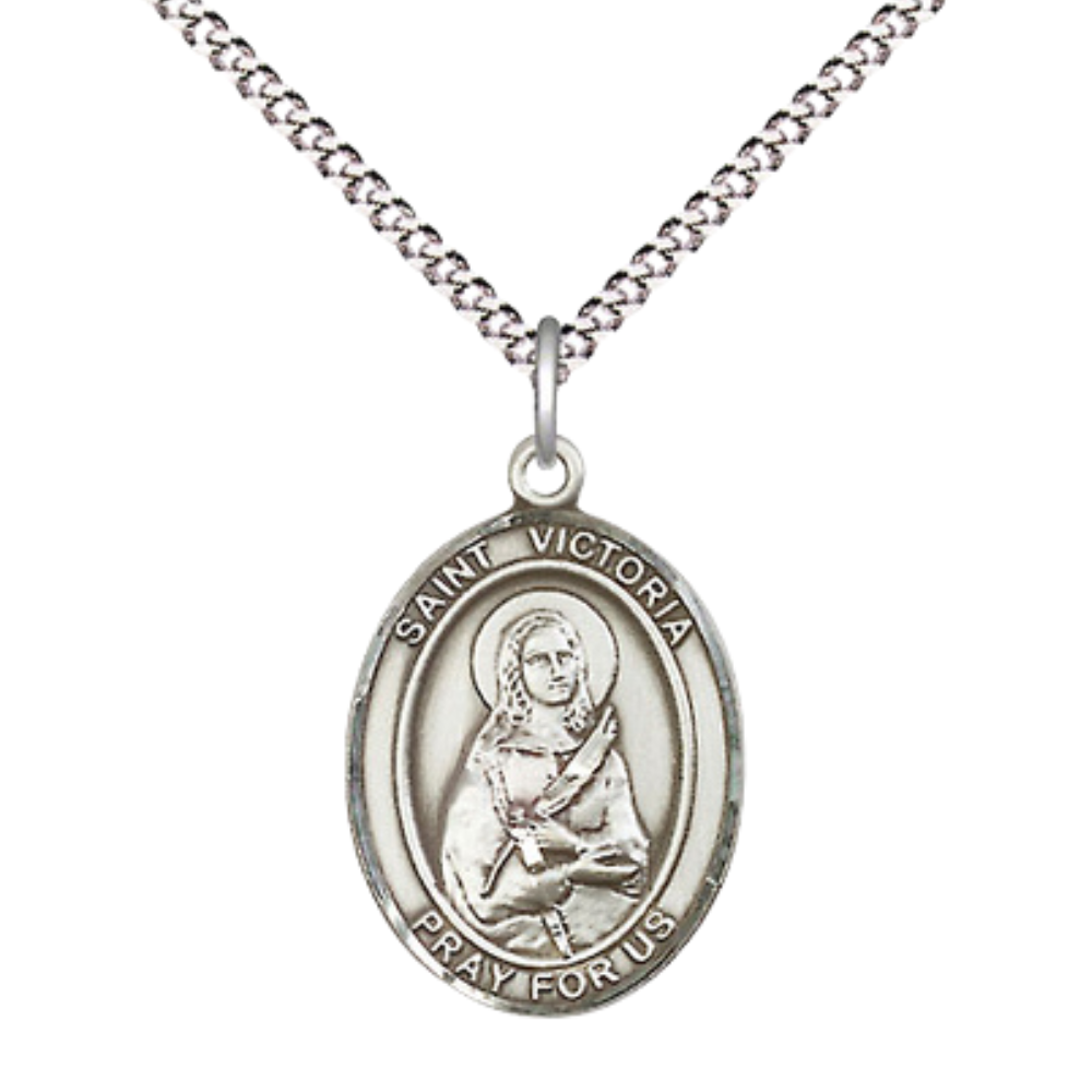 Everlasting Light Jewelry Medium Women's Pewter Saint St. Victoria Pendant Necklace on 18- inch Rhodium- Plated Lite Curb Brass Chain – Catholic Religious Medal – Velvet Gift Box Included